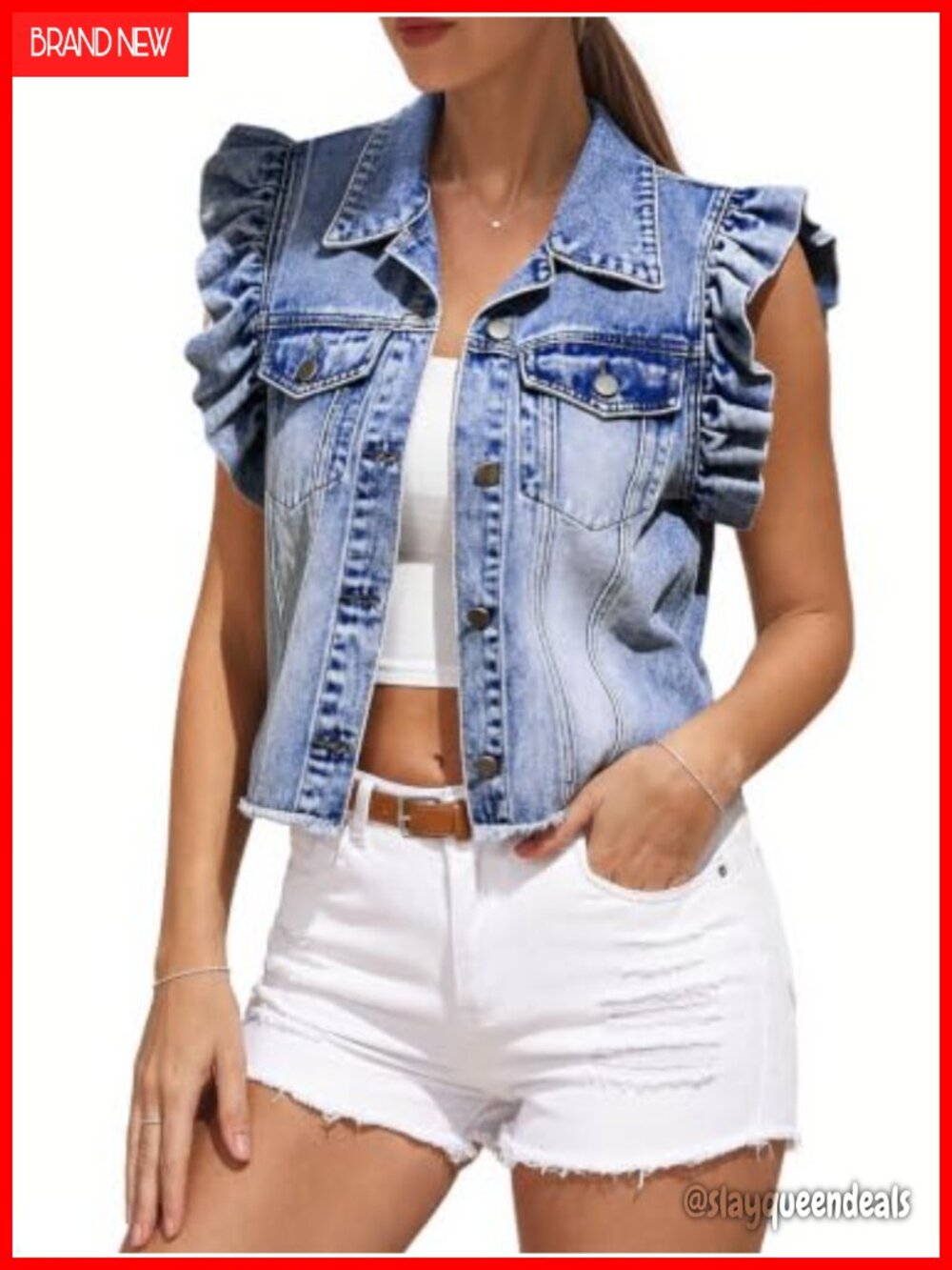 Ruffle Sleeve Denim Vest Button-Up Jean Jacket Frayed Raw Edge